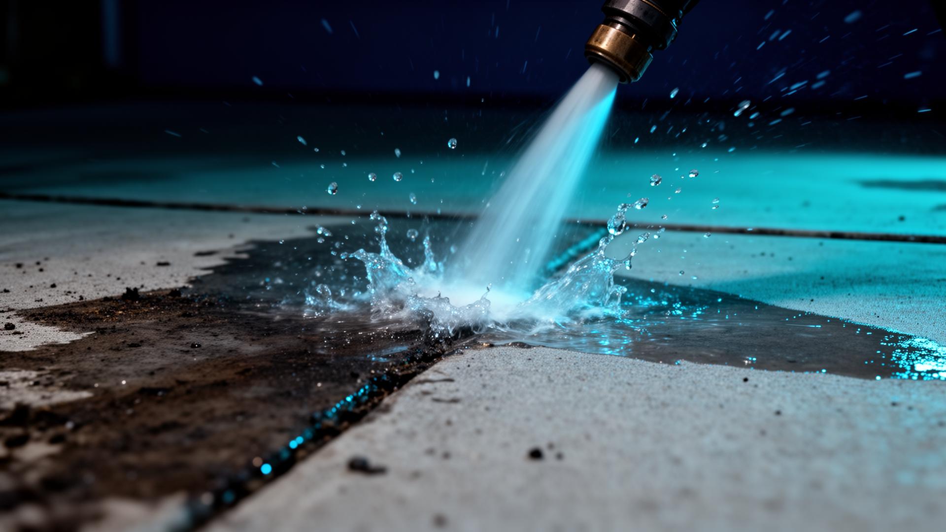 High-pressure water jet blasting grime from concrete